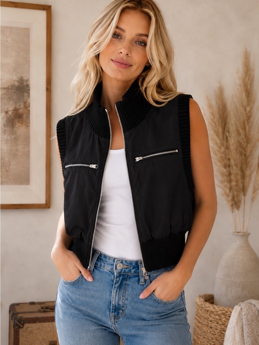 Birch & Stone Sleeveless Black Zip-Front Puffer Vest with Ribbed Trim